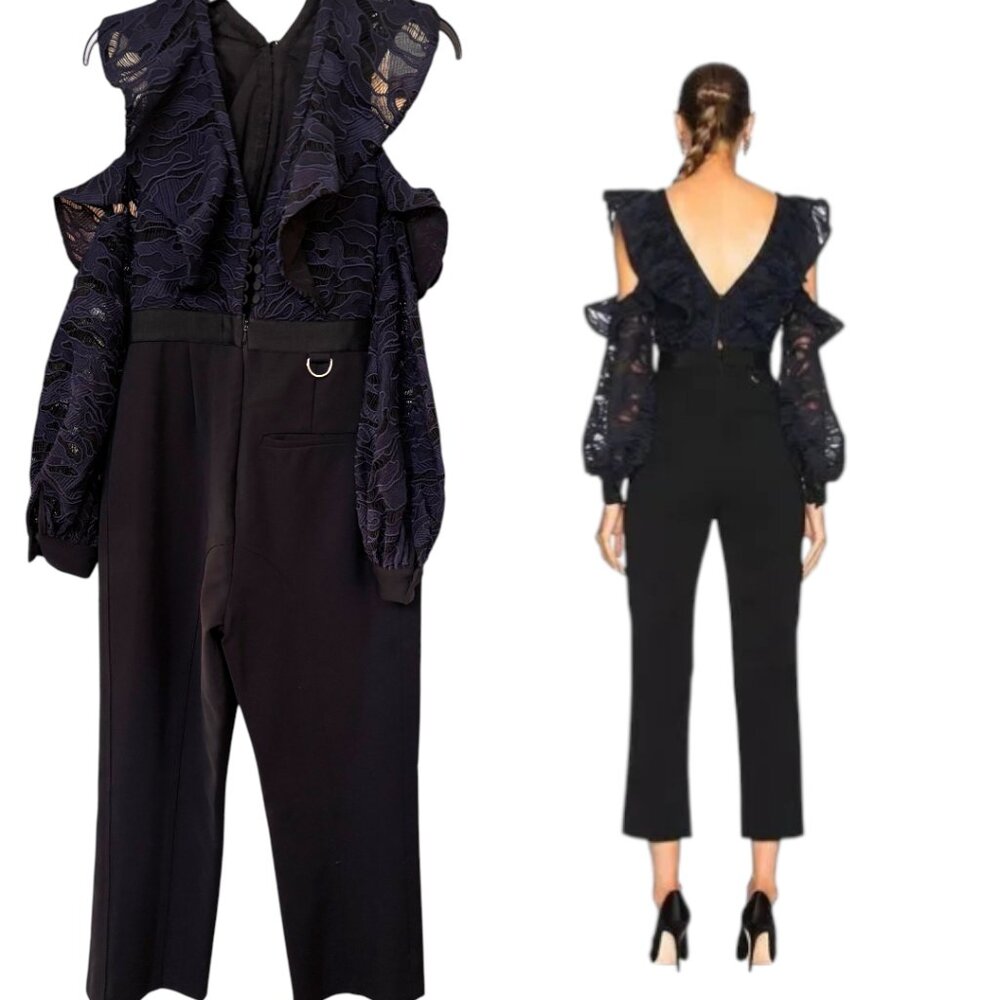SELF PORTRAIT NAVY LACE COLD SHOULDER BLACK JUMPSUIT SIZE 6 EUC - Picture 5 of 6
